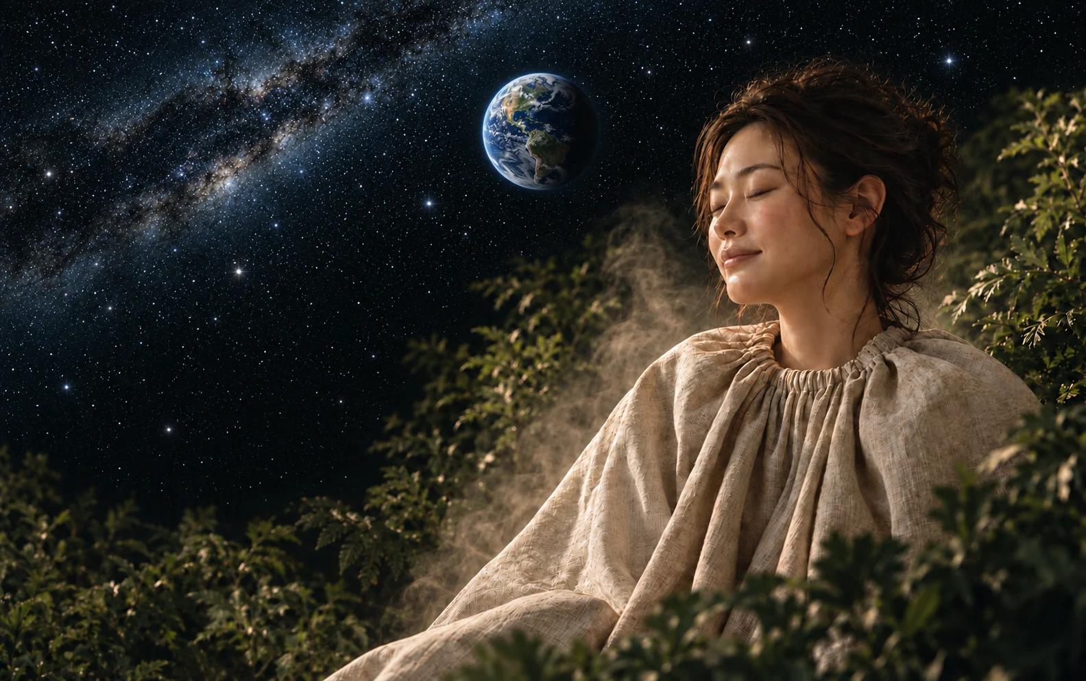 青い地球と無数の星、深い緑に包まれ、よもぎ蒸しのマントをまとって穏やかに目を閉じる女性。ヨモソラの世界観を表現したイメージ
