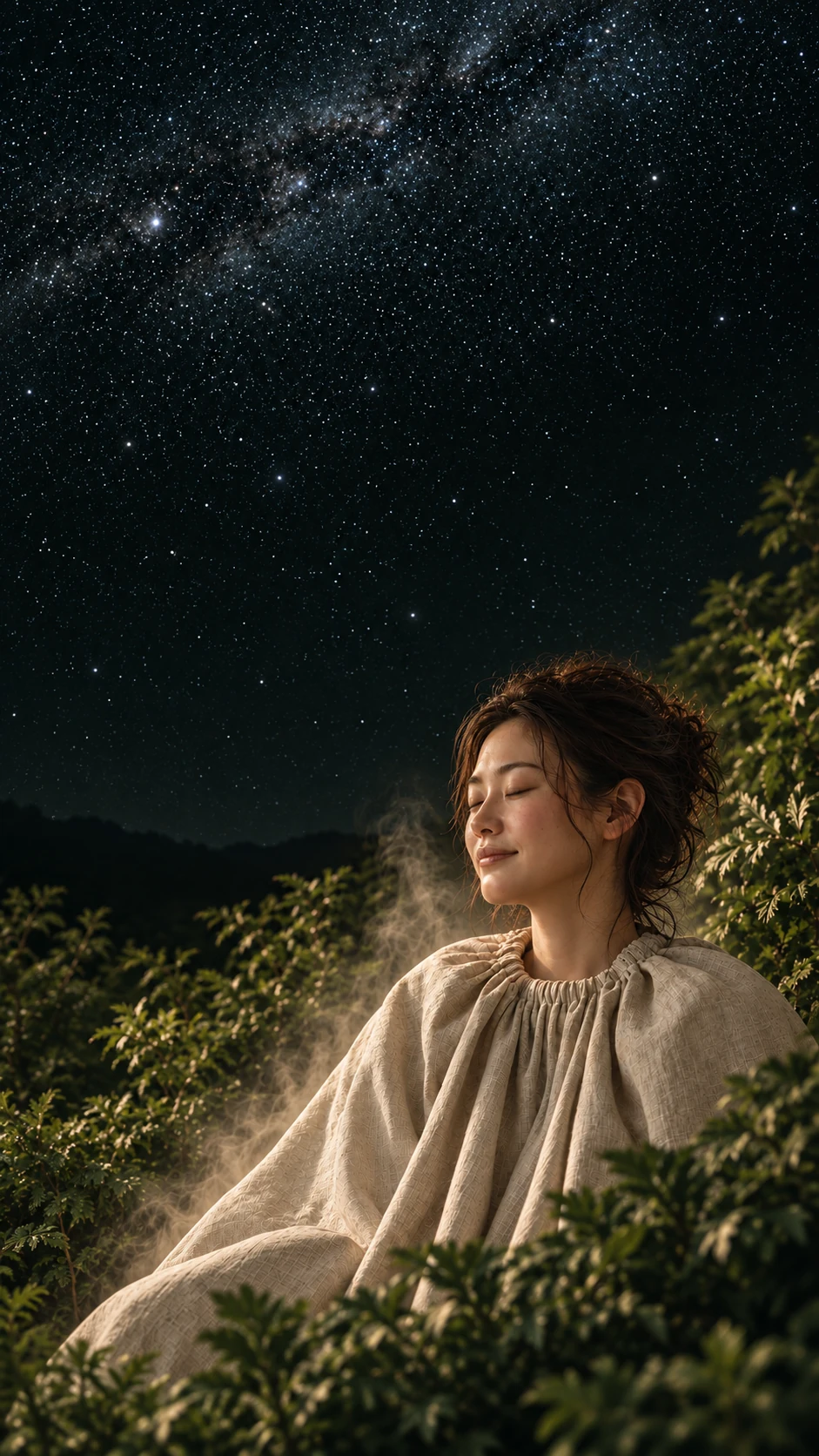 星空と緑に包まれた、よもぎ蒸しの体験イメージ